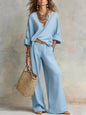 Women's Casual Linen Vacation Set – Three-Quarter Sleeve Top & Full-Length Pants FitiqueFit