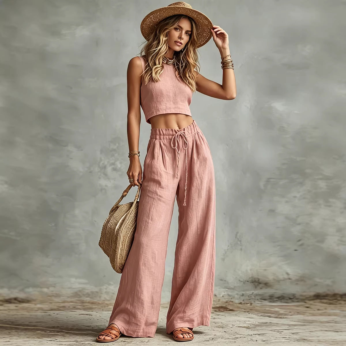 Women's Sleeveless Vest & Drawstring High-Waist Wide-Leg Pants Set FitiqueFit