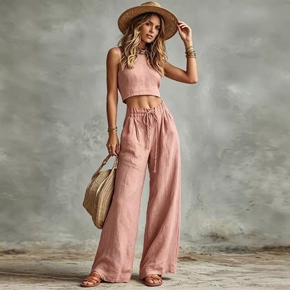 Women's Sleeveless Vest & Drawstring High-Waist Wide-Leg Pants Set FitiqueFit