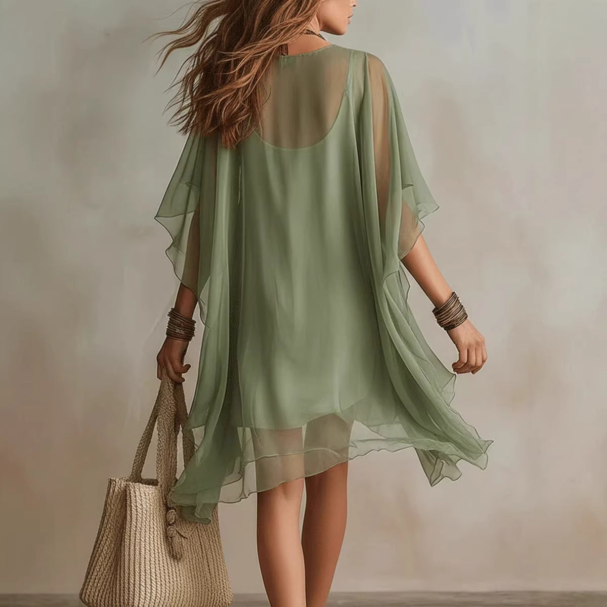 Women's V-Neck Chiffon Batwing Sleeve Boho Resort Dress FitiqueFit