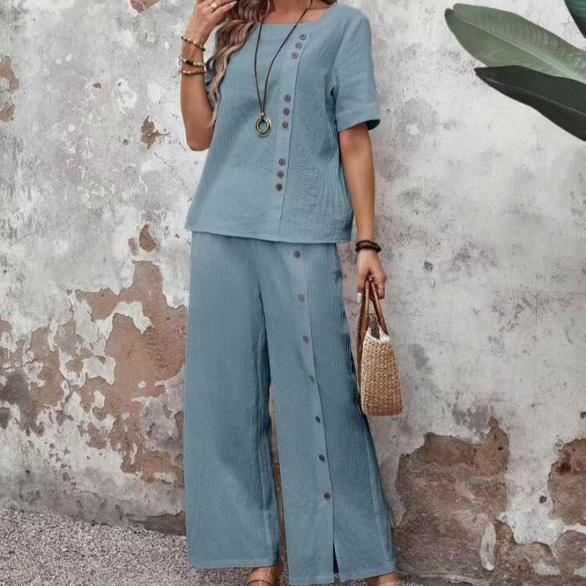 Women’s Button-Up Top and Loose Fit Two Piece Linen Set FitiqueFit