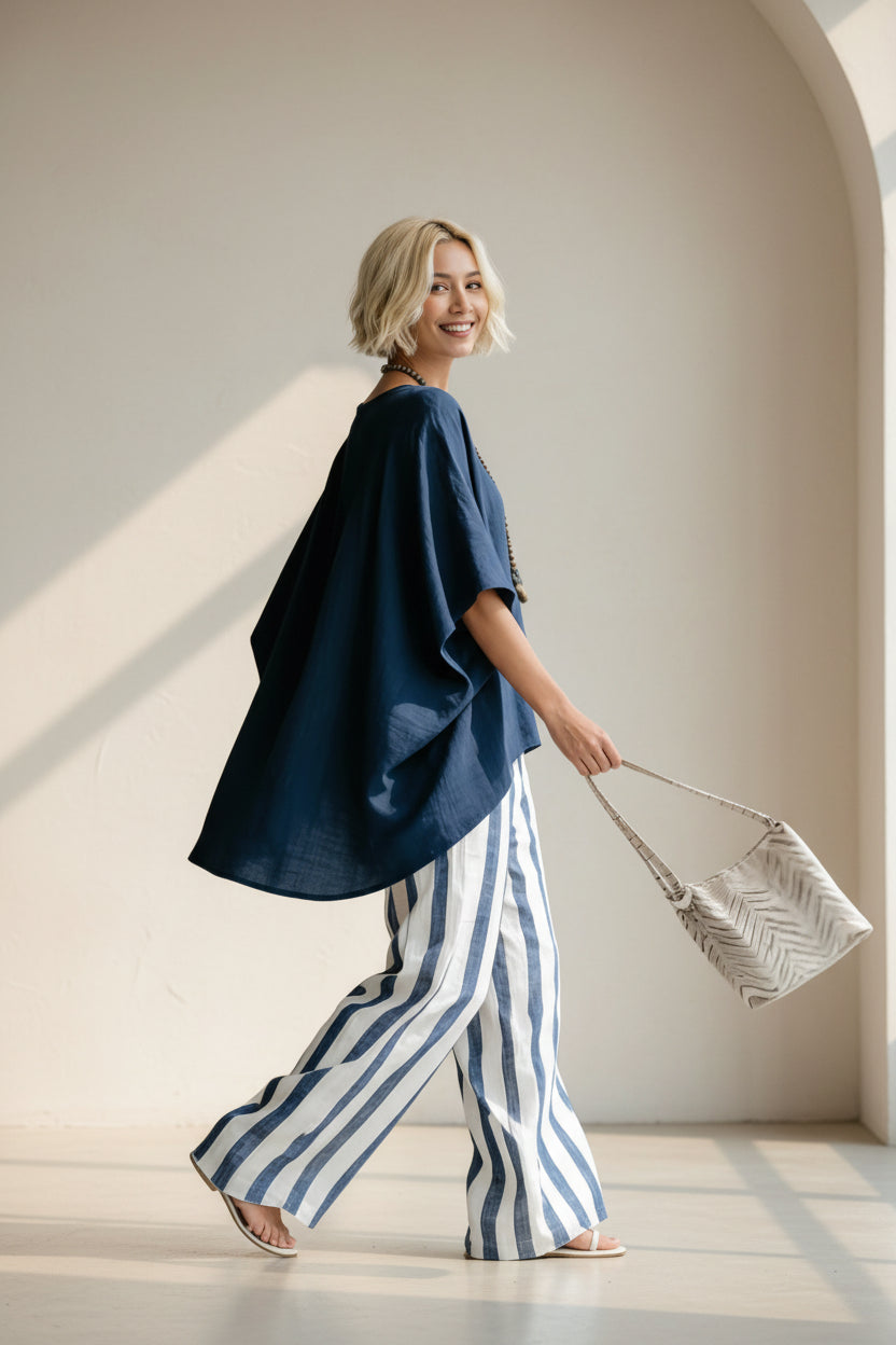 Women's Striped Batwing-Sleeve Loose Linen Two-Piece Set FitiqueFit
