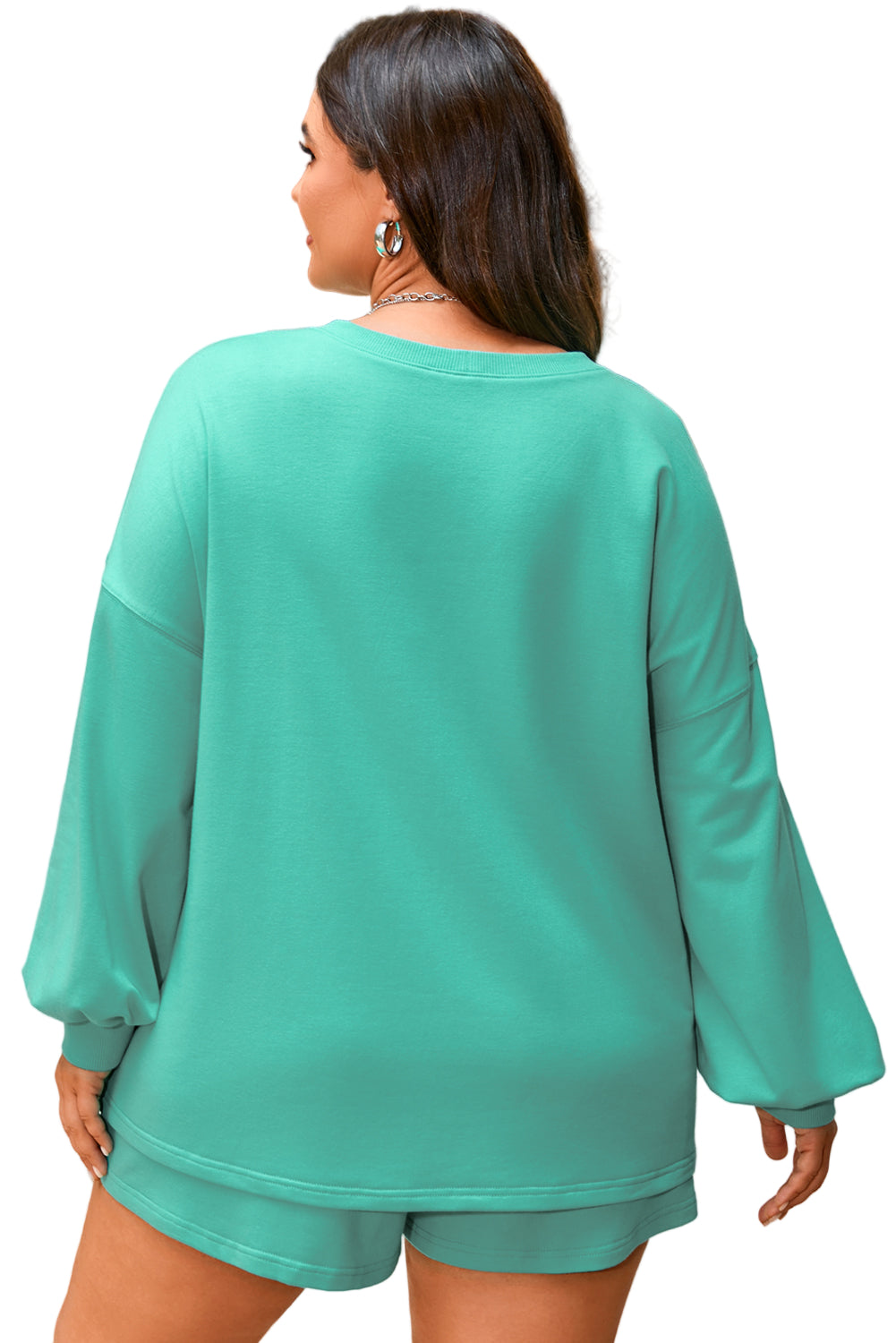 Sea Green Drop Shoulder V Neck Pullover Top and Drawstring Short Plus Size Set Garden Naked Curves