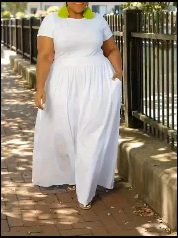 Plus Size Solid Short Sleeve Maxi Dress, Women's Plus Medium Stretch Elegant Long Dress NovaCart