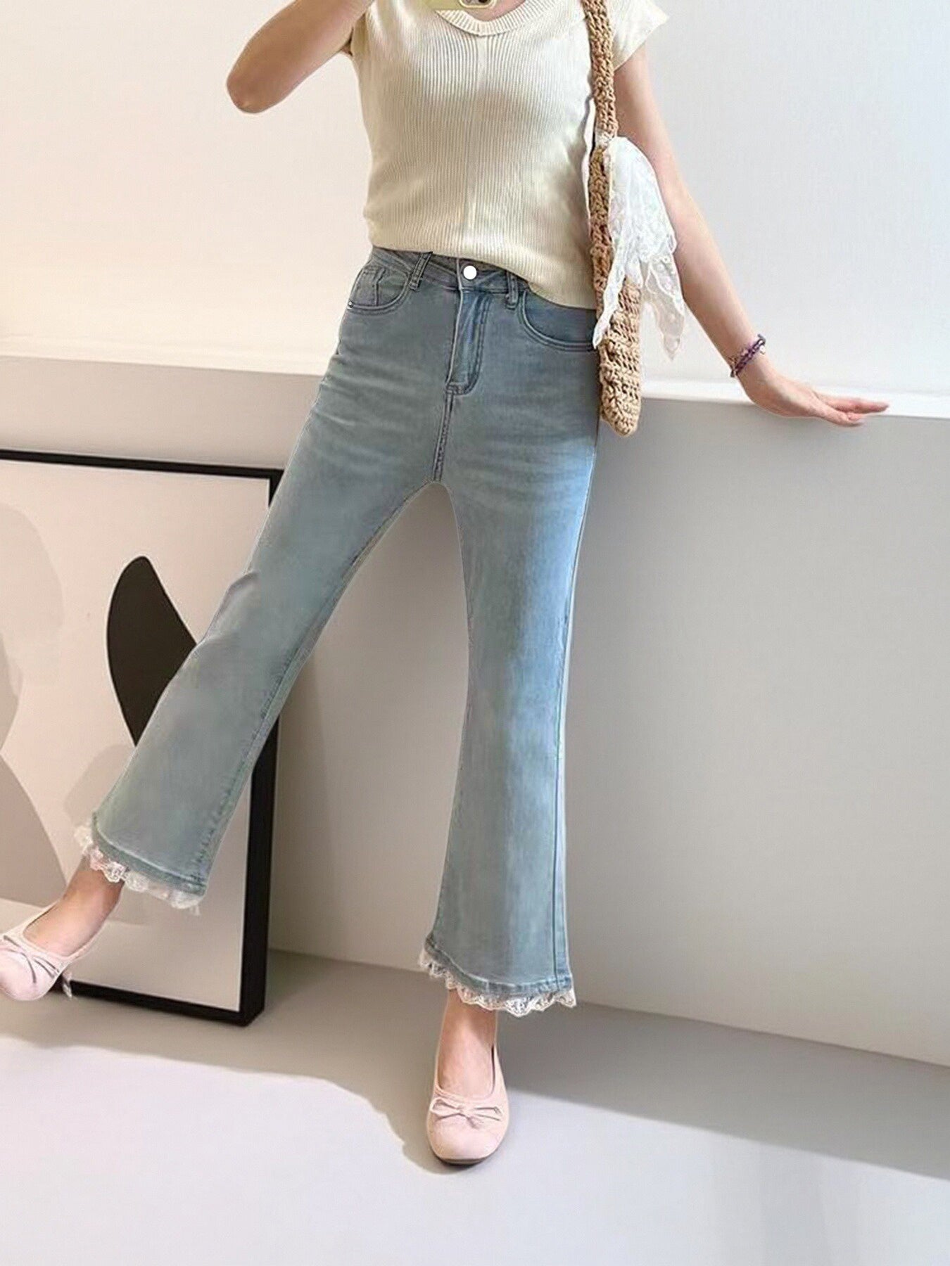 Light Blue Micro-Flare Lace Stretch Jeans for Women FitiqueFit
