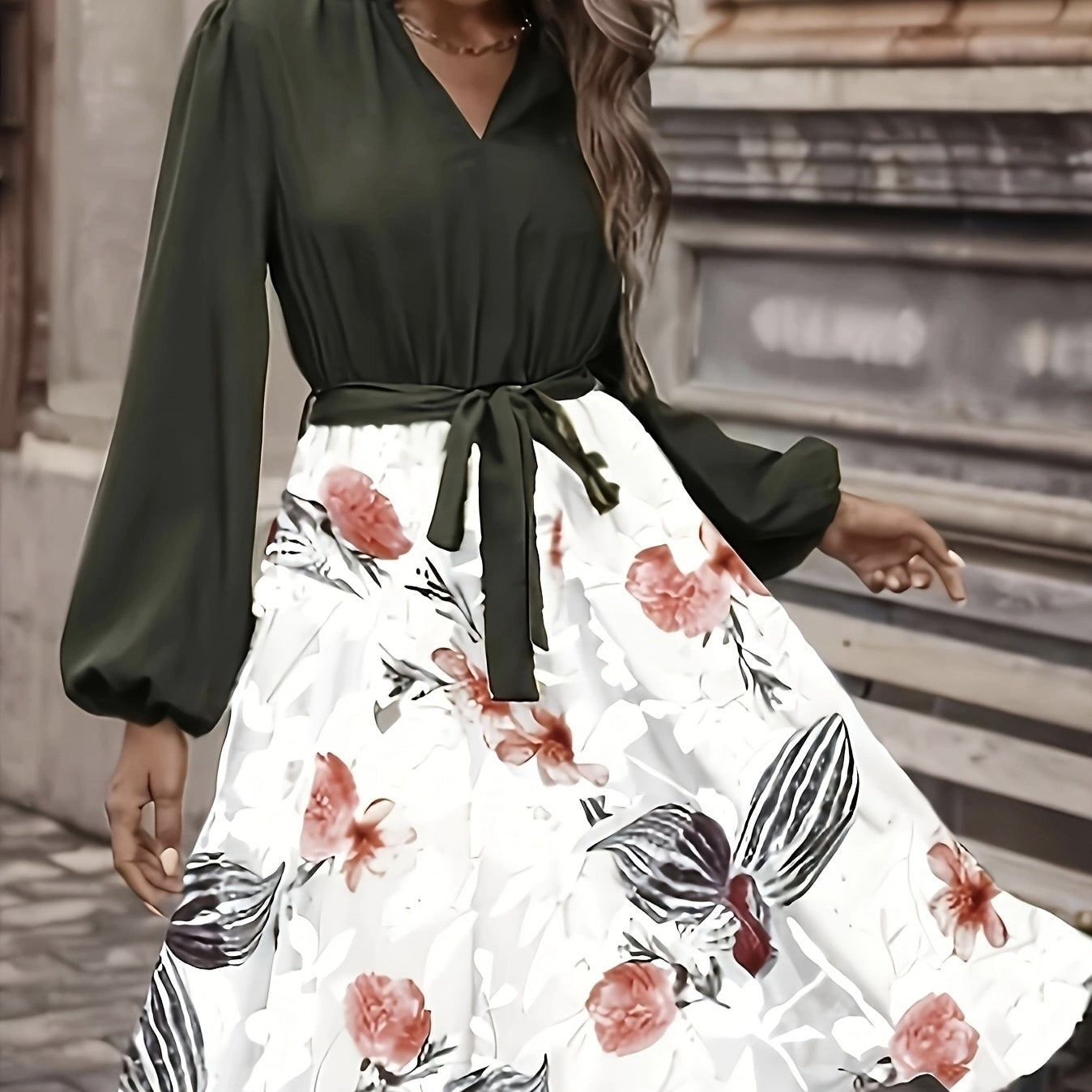 Ladies' Fashion Printed V-neck Waist Strap Casual Dress FitiqueFit