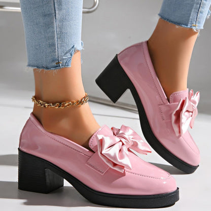 Women's Bowtie Round Toe Low Heel Pumps – Wide Size PU Casual Shoes FitiqueFit