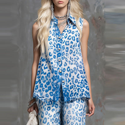 Loose-fit Leopard-print Sleeveless Shirt And Trousers Two-piece Set FitiqueFit