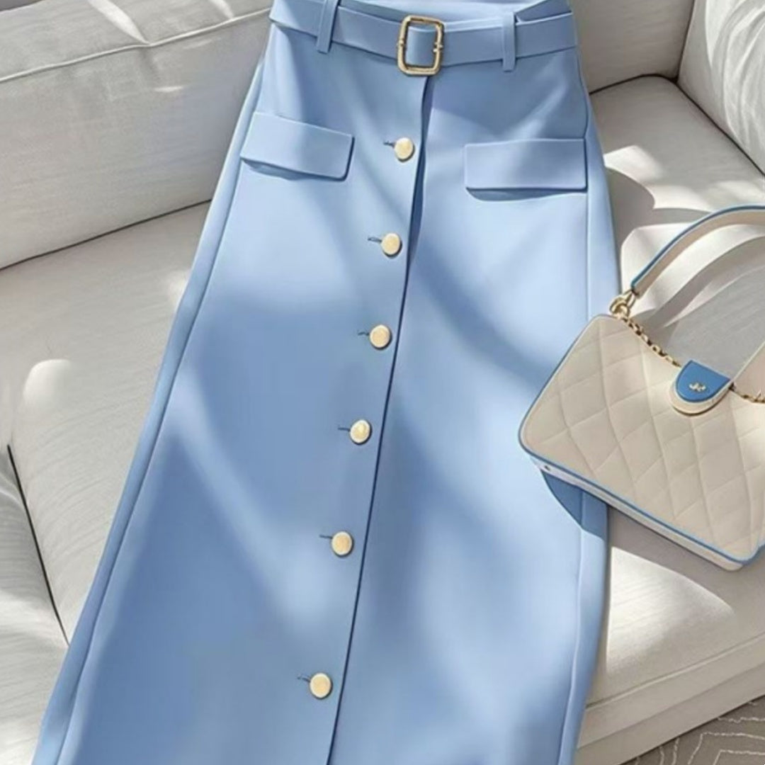 Women's Solid Color Draping Casual Elegant Blue Skirt Grayceful LLC