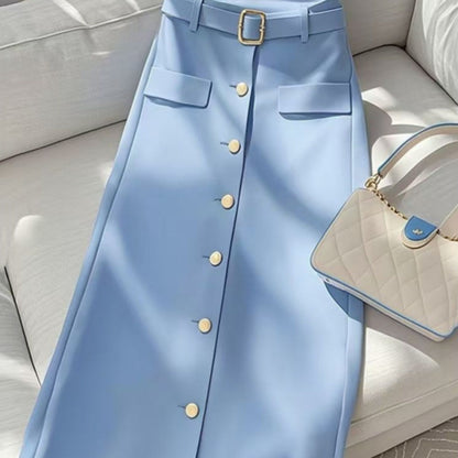 Women's Solid Color Draping Casual Elegant Blue Skirt Grayceful LLC