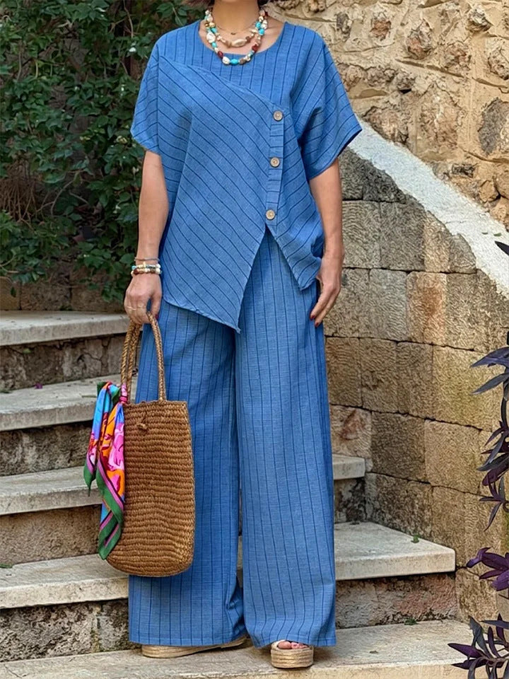 Striped Shirt & Loose Pants Set – Three-Quarter Sleeve Two-Piece FitiqueFit