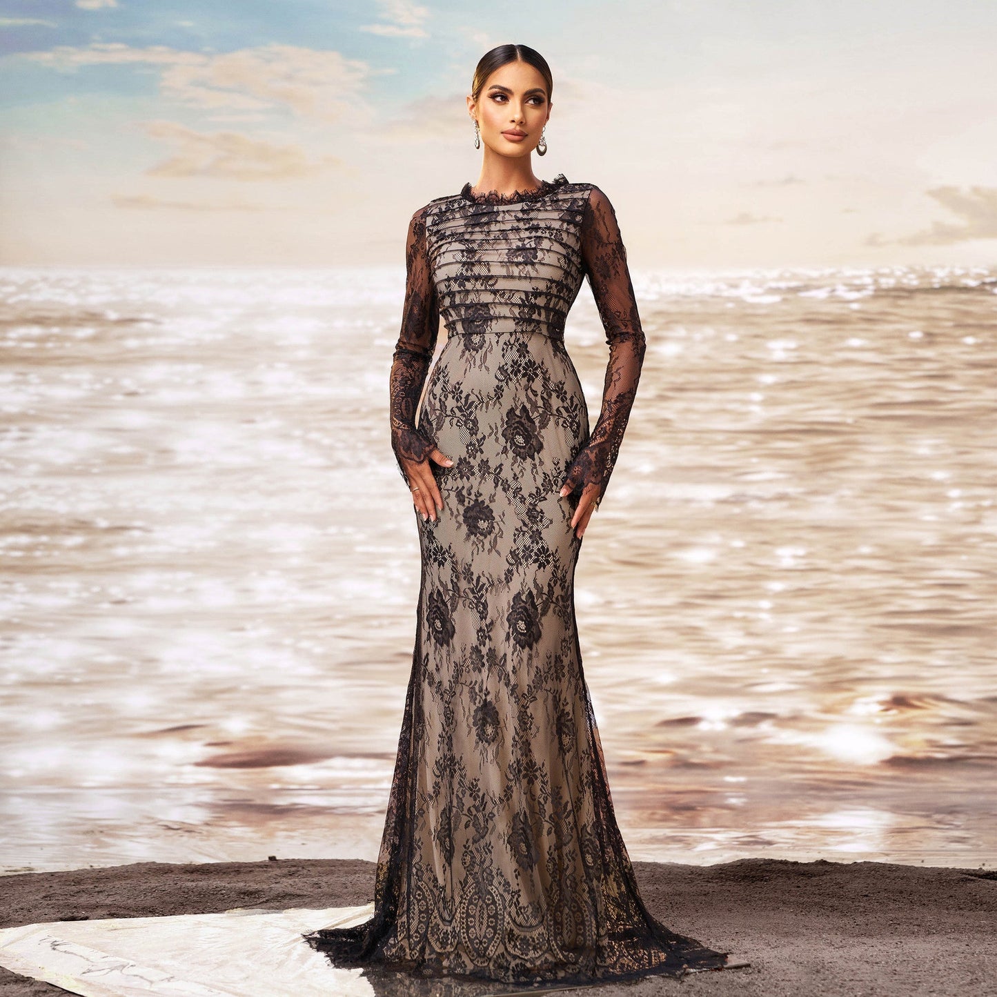 Long Sleeve Round Collar Gauze Sheath Fishtail Evening Dress Grayceful LLC