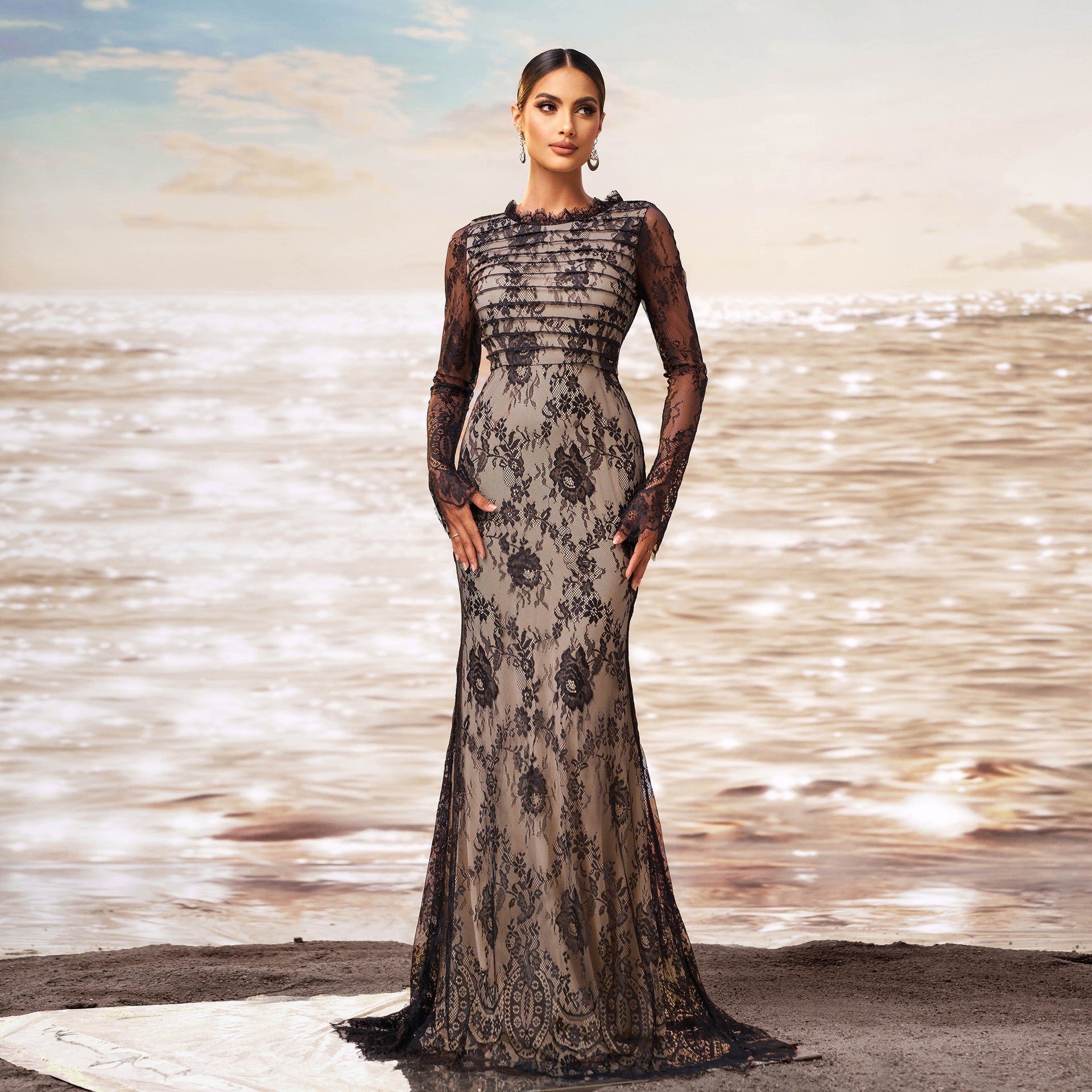 Long Sleeve Round Collar Gauze Sheath Fishtail Evening Dress Grayceful LLC
