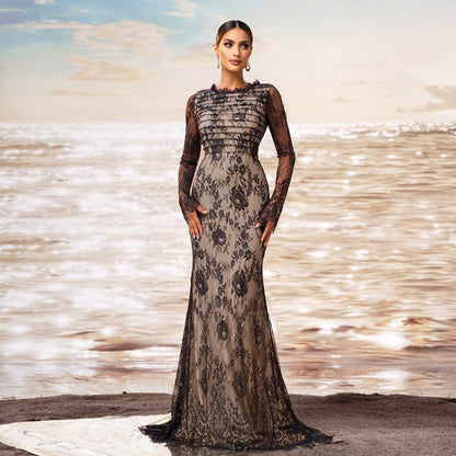Long Sleeve Round Collar Gauze Sheath Fishtail Evening Dress Grayceful LLC
