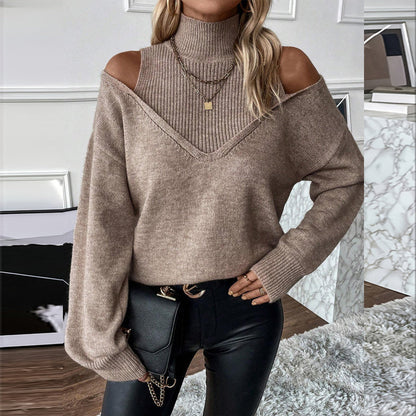 Women’s Elegant Off-Shoulder Turtleneck Sweater — Long Sleeve Knit Top FitiqueFit