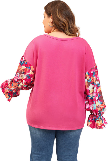 Bright Pink Floral Patchwork Flounce Sleeve Plus Knit Top Garden Naked Curves
