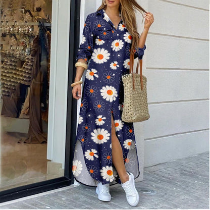 Women's Lapel-Collar Long Shirt Dress – Floral Print Midi Relaxed Fit FitiqueFit
