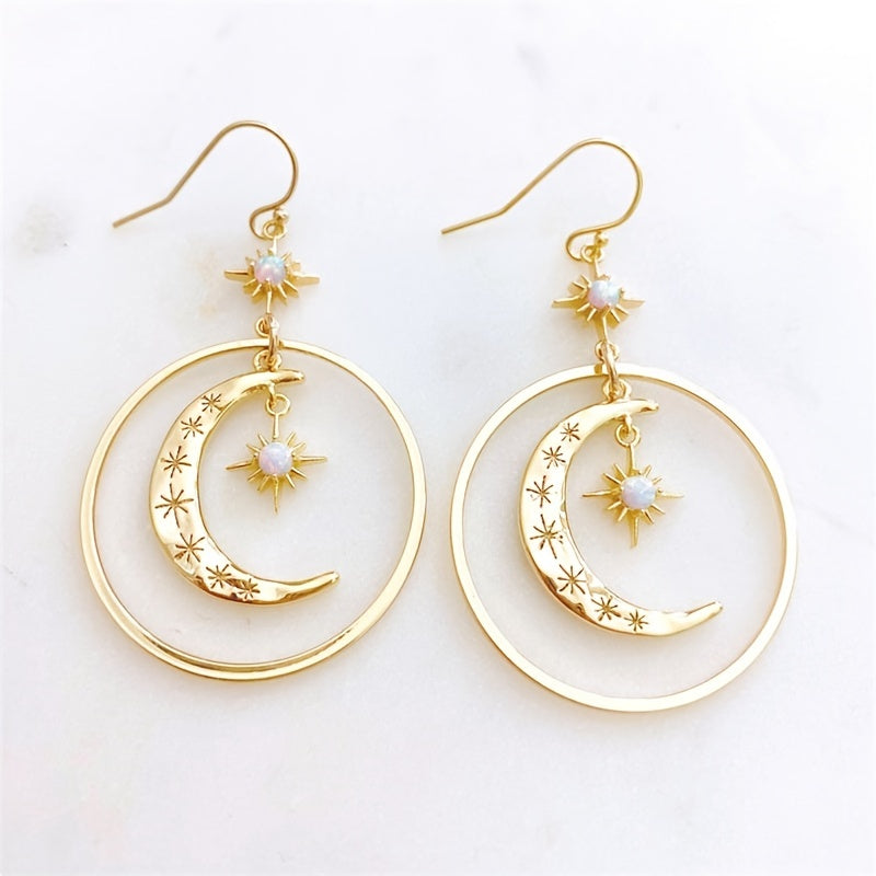 Elegant Boho-Chic Golden-Tone Moonstone Dangle Earrings for Women - Crescent Moon with Star Motifs, Zinc Alloy, Perfect for Daily Wear & Parties, Moon Earrings NovaCart