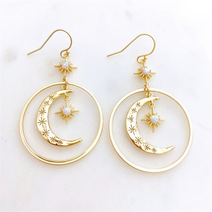 Elegant Boho-Chic Golden-Tone Moonstone Dangle Earrings for Women - Crescent Moon with Star Motifs, Zinc Alloy, Perfect for Daily Wear & Parties, Moon Earrings NovaCart