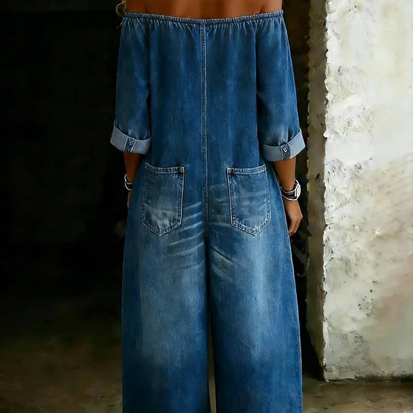 Women's Off-Shoulder Washed Faux Denim Strap Overalls Jumpsuit FitiqueFit