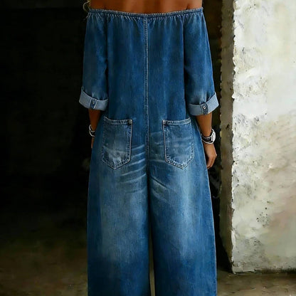 Women's Off-Shoulder Washed Faux Denim Strap Overalls Jumpsuit FitiqueFit