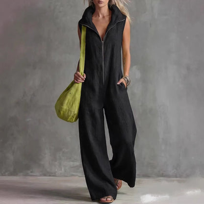 Women's Loose Sleeveless Jumpsuit with Pockets – Linen-Look FitiqueFit