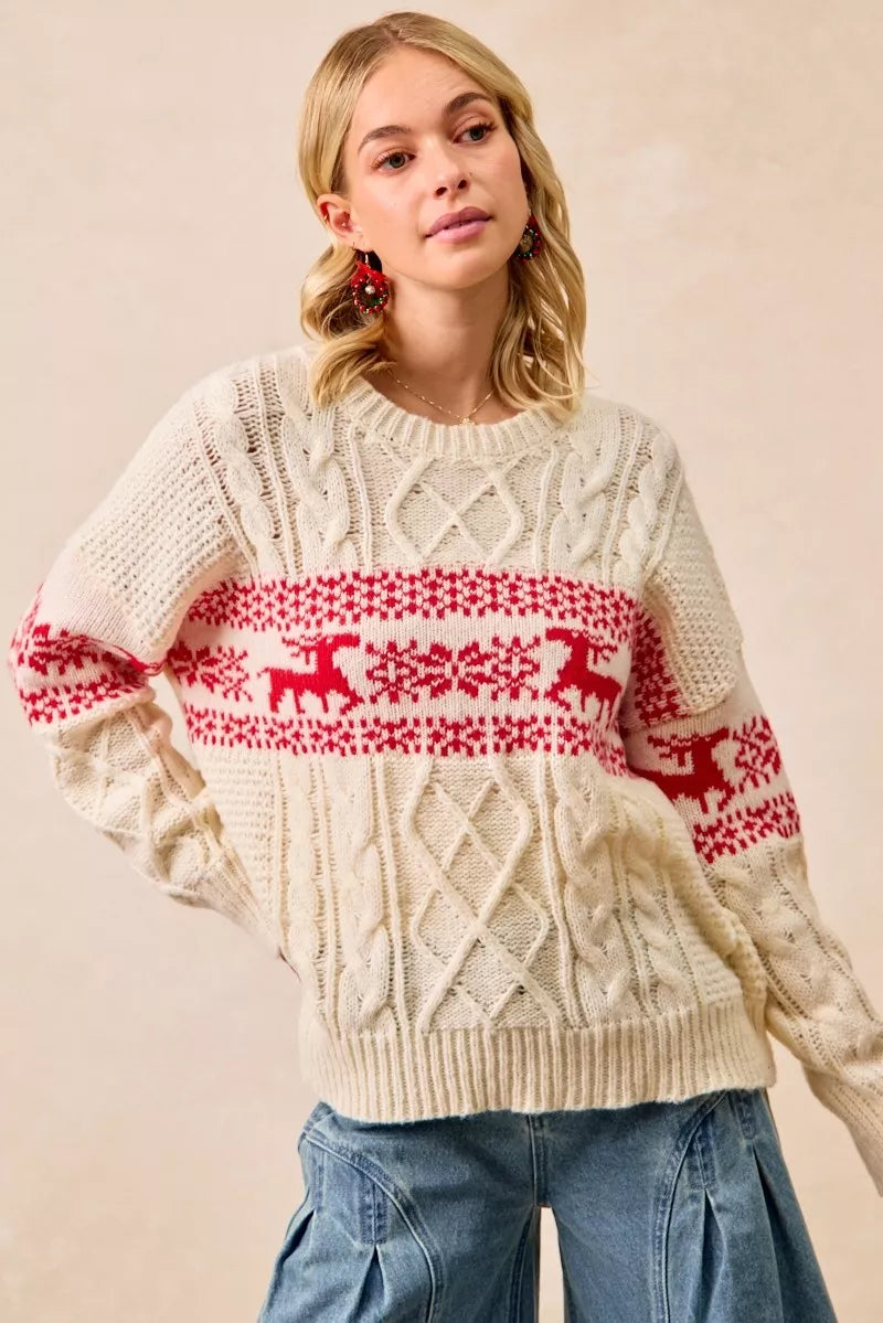 BiBi Christmas Theme Patterned Cable Knit Sweater FitiqueFit