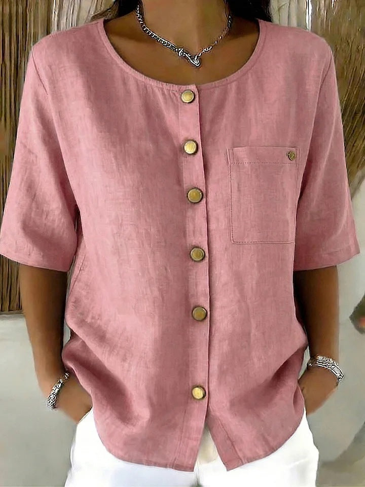 Crew-Neck 3/4 Sleeve Shirt with Metal Buttons – 7 Colors, S–3XL FitiqueFit