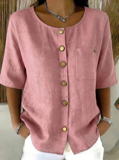 Crew-Neck 3/4 Sleeve Shirt with Metal Buttons – 7 Colors, S–3XL FitiqueFit