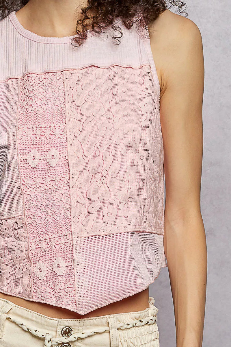 POL Ribbed Round Neck Cropped Tank with Lace Detail Montret
