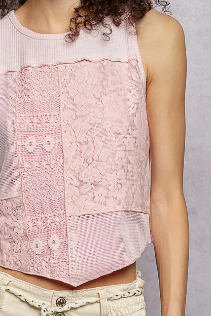 POL Ribbed Round Neck Cropped Tank with Lace Detail Montret