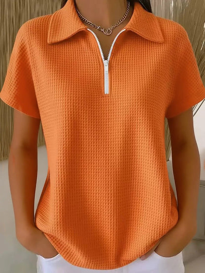 Drop Shoulder Half-Zip Waffle Knit Top – 3/4 Sleeve Pullover FitiqueFit