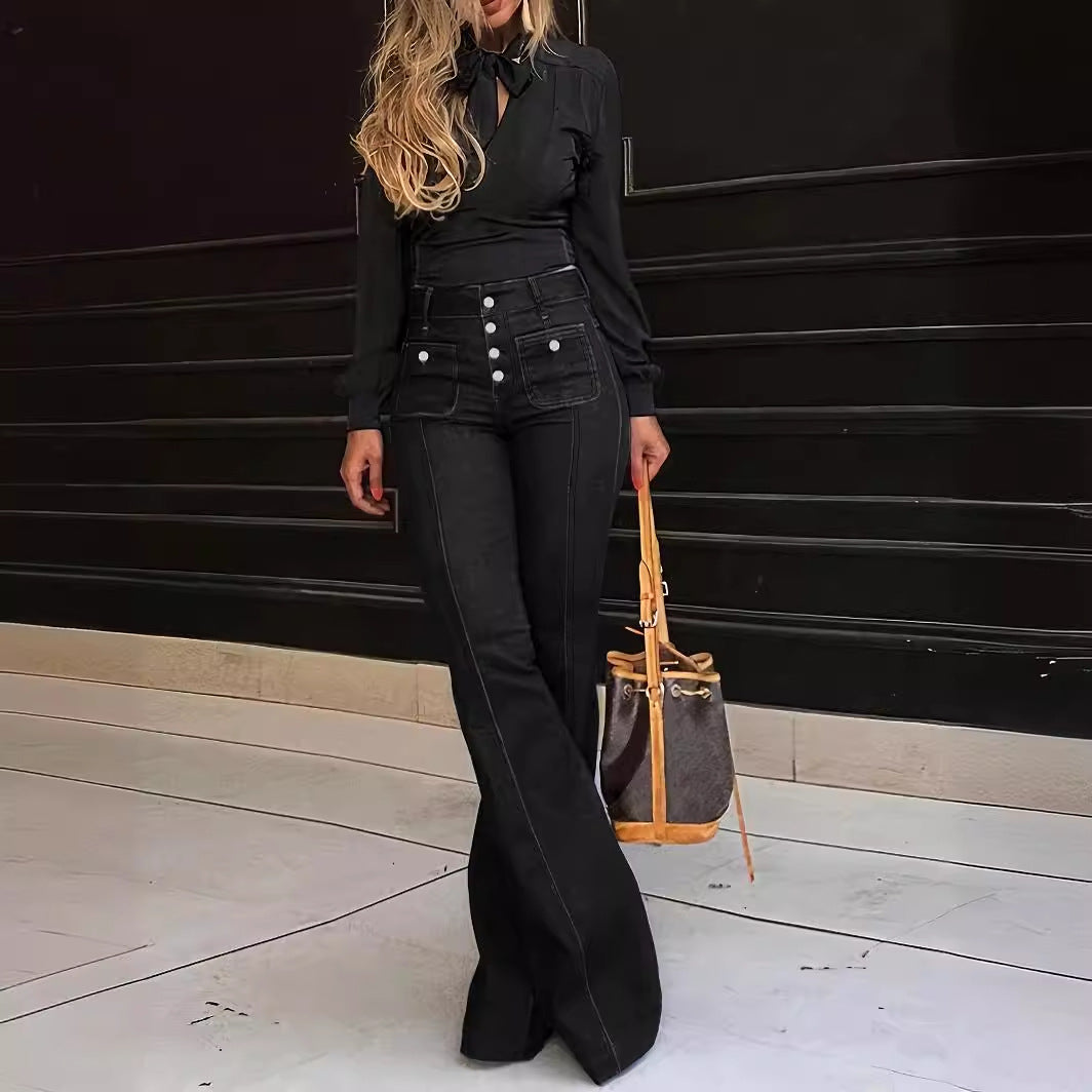Women's Patchwork Jeans Slim Fit Slimming Stretch Flared Pants See size chart under “more details” The Fashion Celestial