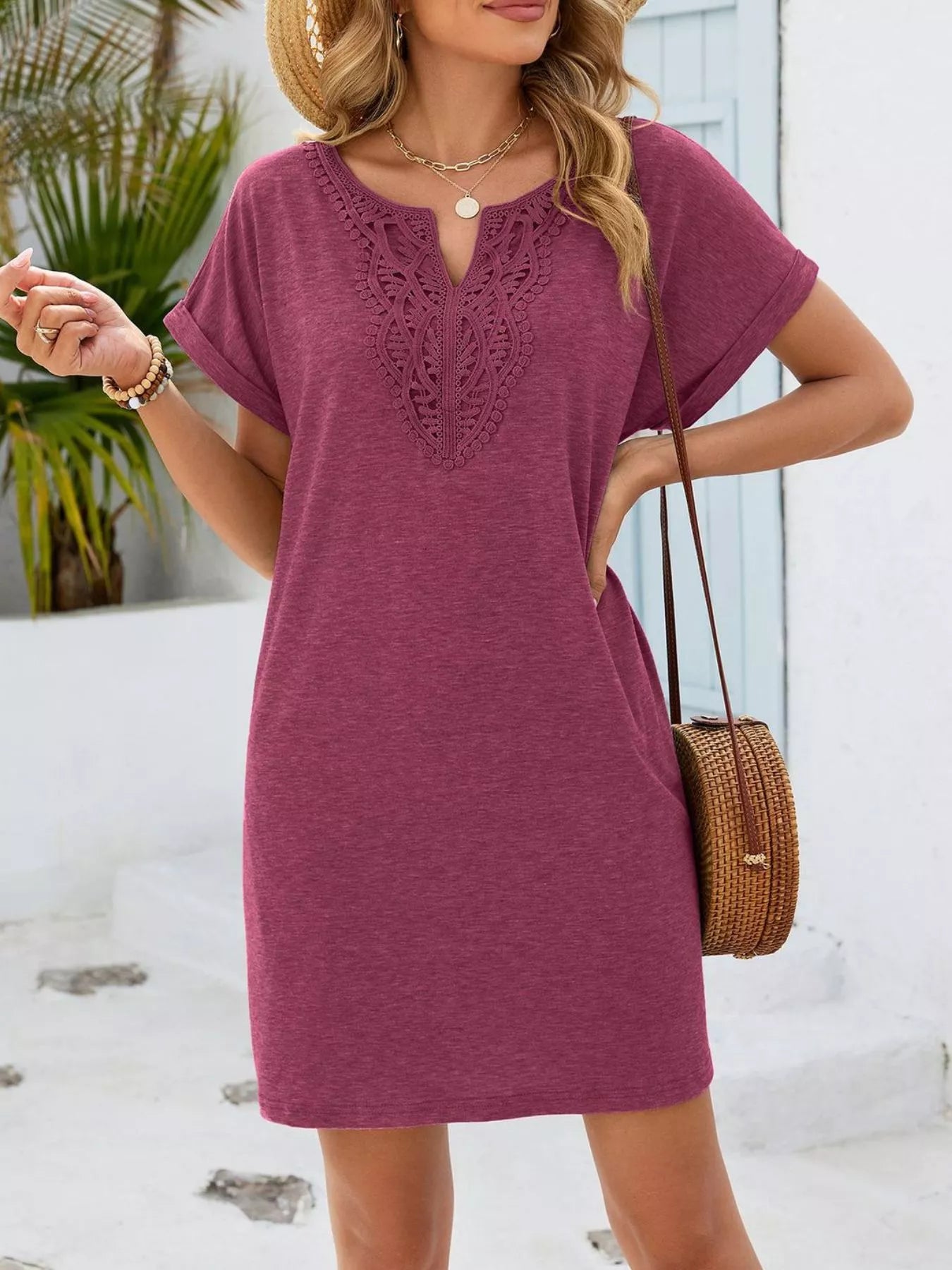 Lace Trim Notched Short Sleeve Dress New Era Fashion LLc