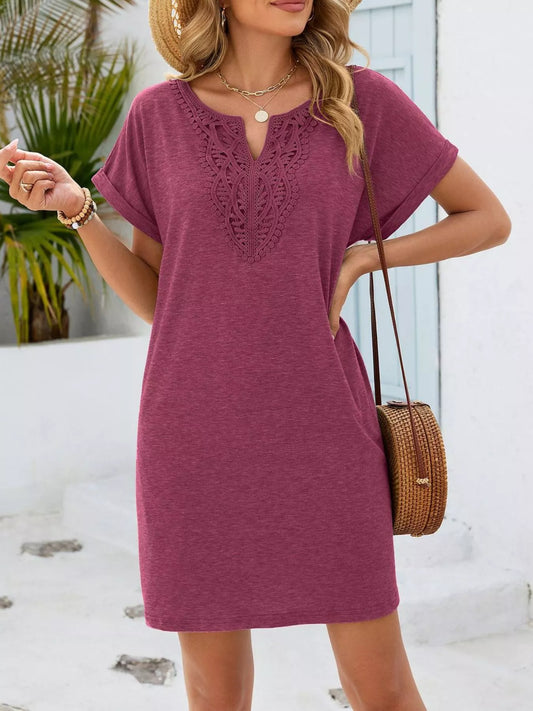 Lace Trim Notched Short Sleeve Dress New Era Fashion LLc