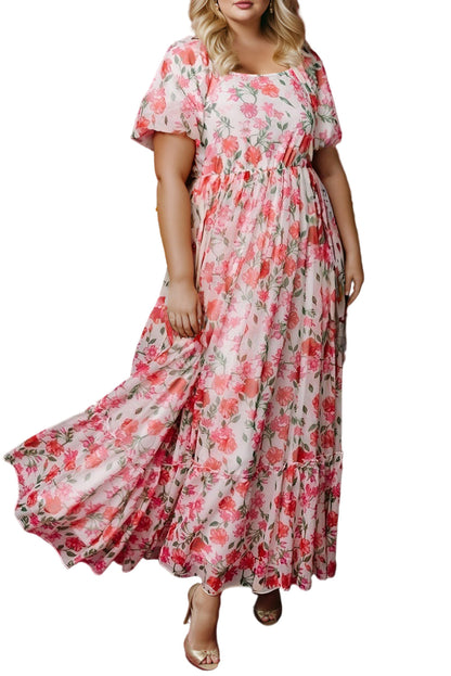 Pink Plus Size Floral Square Neck Puff Sleeve Ruffle Maxi Dress Garden Naked Curves