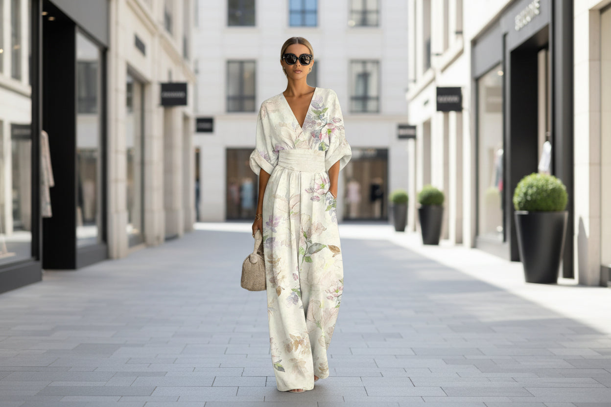 Women's Waist-Cinched V-Neck Printed Wide-Leg Jumpsuit FitiqueFit