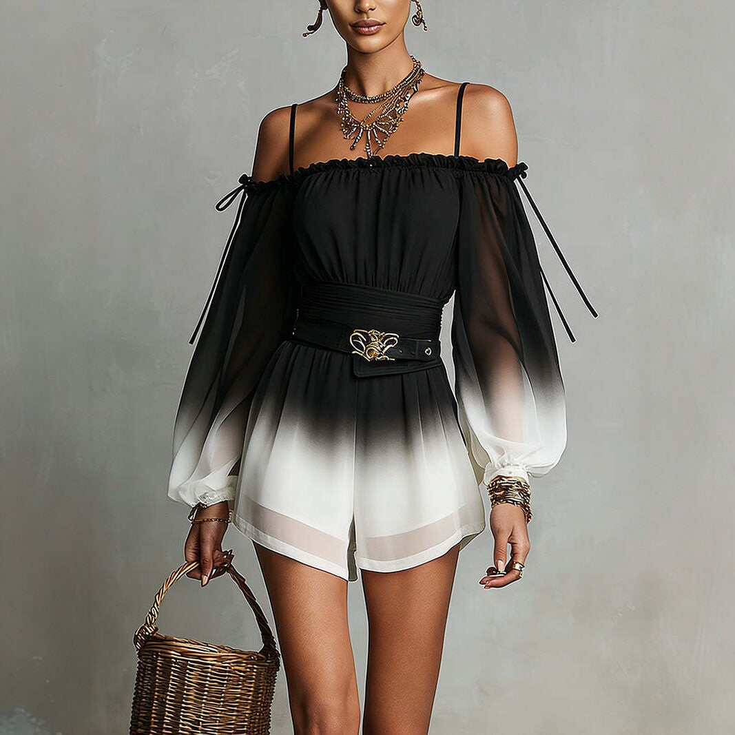 Off-Shoulder Ombre Puff-Sleeve Chiffon Jumpsuit with Belt FitiqueFit