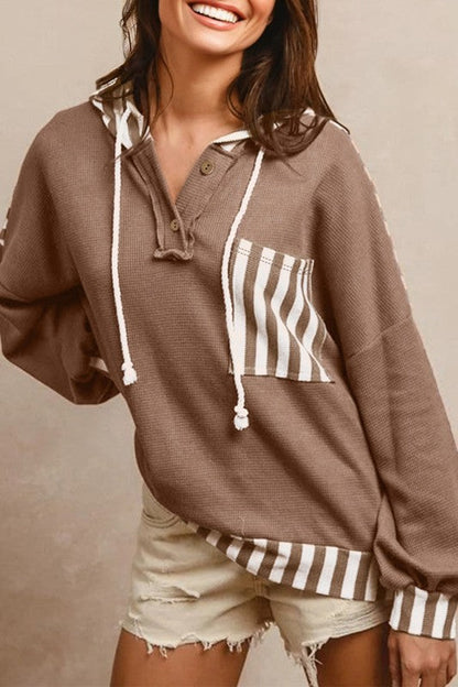 Stripe Patchwork Waffle Knit Buttoned Hoodie Shop Style & More | Fresh Looks, Everyday Deals & Free Shipping