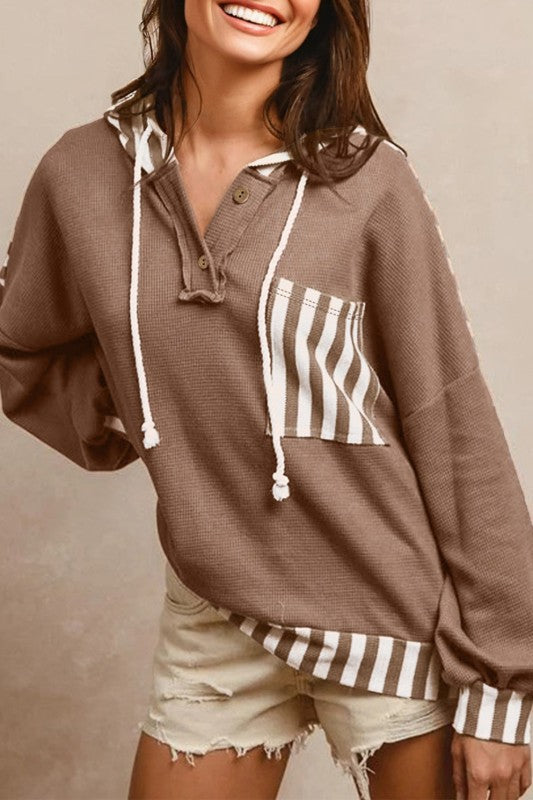 Stripe Patchwork Waffle Knit Buttoned Hoodie Shop Style & More | Fresh Looks, Everyday Deals & Free Shipping