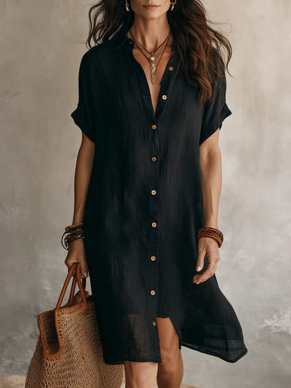 Women's Buttoned Midi Shirt Dress – Short Sleeve Cotton Linen FitiqueFit