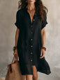 Women's Buttoned Midi Shirt Dress – Short Sleeve Cotton Linen FitiqueFit