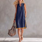 Women's Sleeveless V-Neck Button-Front Pocketed A-Line Midi Dress FitiqueFit