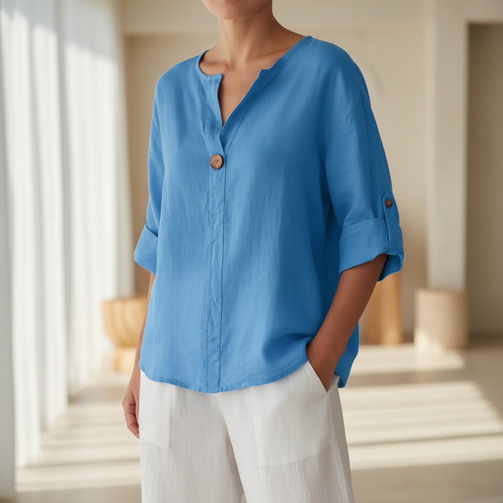 Women's V-Neck Long-Sleeve Button Top – Loose Fit Casual Blouse FitiqueFit