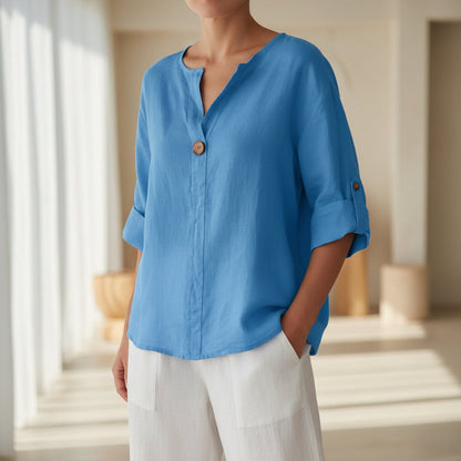 Women's V-Neck Long-Sleeve Button Top – Loose Fit Casual Blouse FitiqueFit