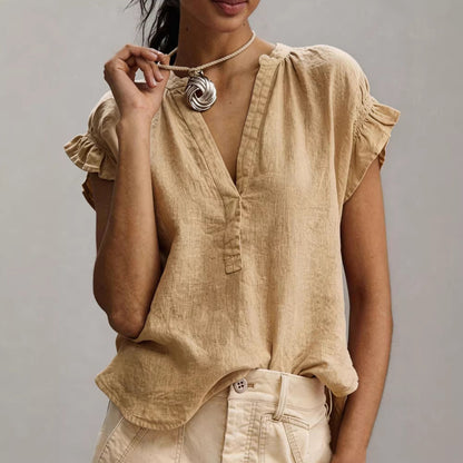 V-Neck Petal Sleeve Cotton-Linen Solid Top – 4 Colors, S–2XL FitiqueFit