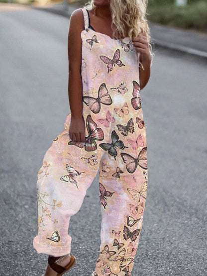 Women's Butterfly Print Overalls – Sleeveless Loose Fit Suspender Pants FitiqueFit