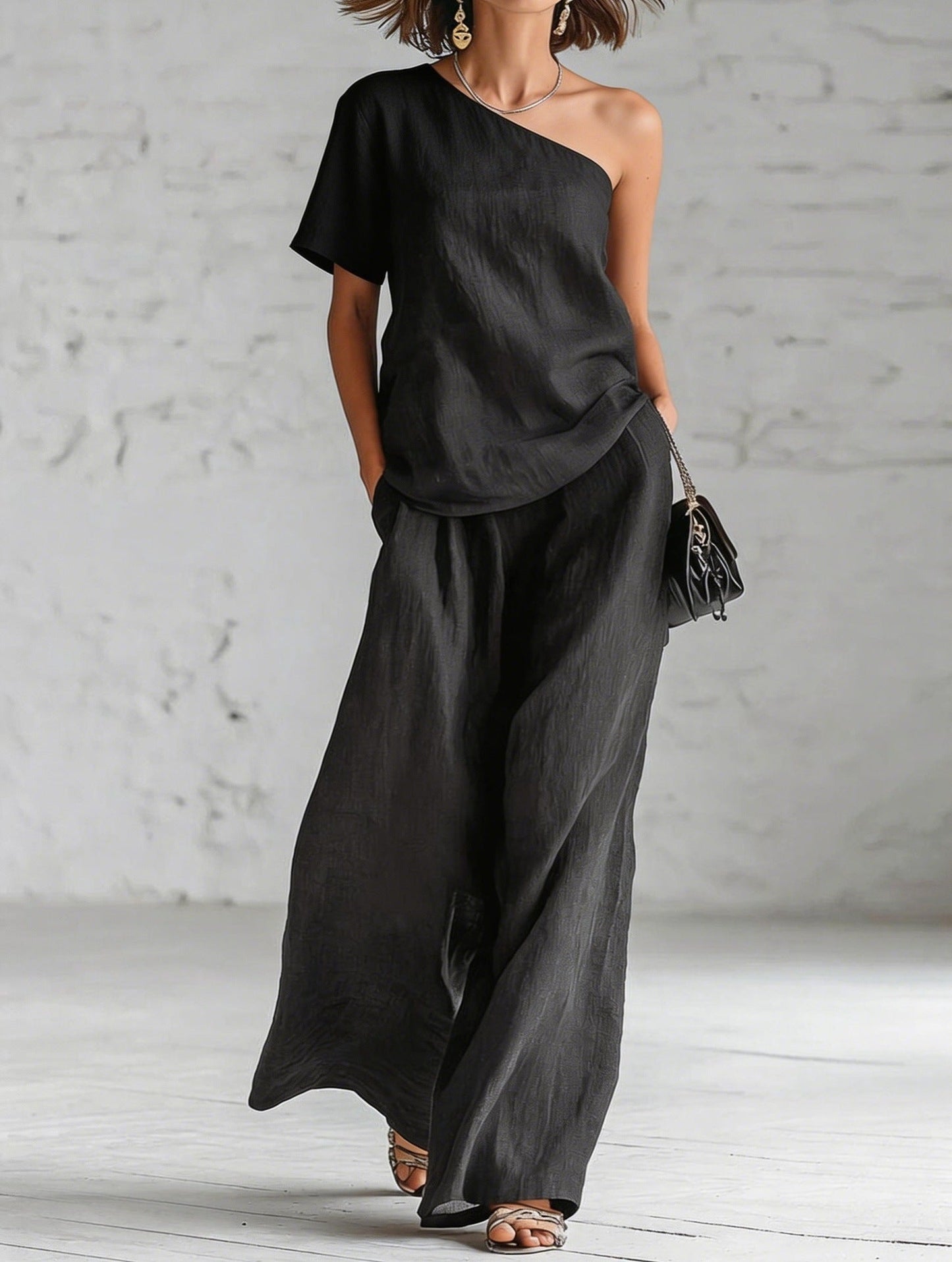Women's Wide-Leg Pants & Top Set – 2-Piece Three-Quarter Sleeve Outfit FitiqueFit