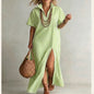 Women's Striped Slit Cotton-Linen Maxi Dress – V-Neck Short Sleeve FitiqueFit