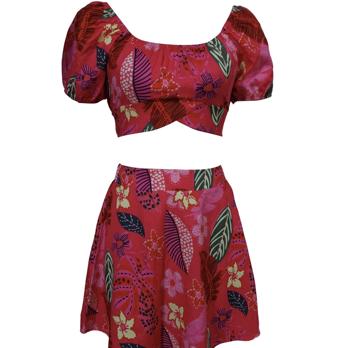 Flower Print Bubble Sleeves With Exposed Navel Short Top, Pleated Short Skirt Set FitiqueFit